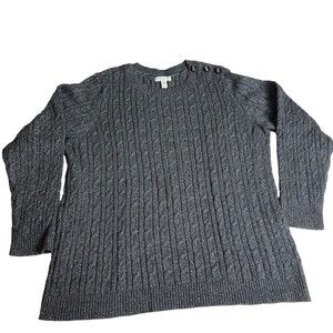 CHARTER Club‎ Womens Sweater 2X Gray Silver Metallic Cable Knit Button Shoulder